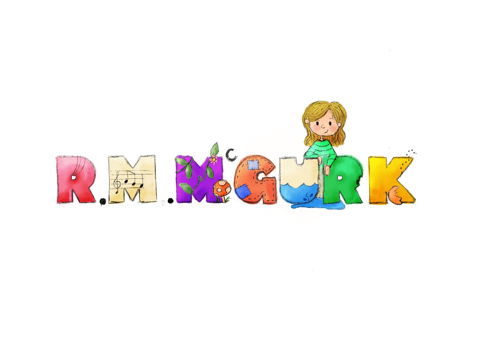 R M McGurk author website header image. Features big block letters reading R. M. McGurk with quirky hand drawn animal characters. 